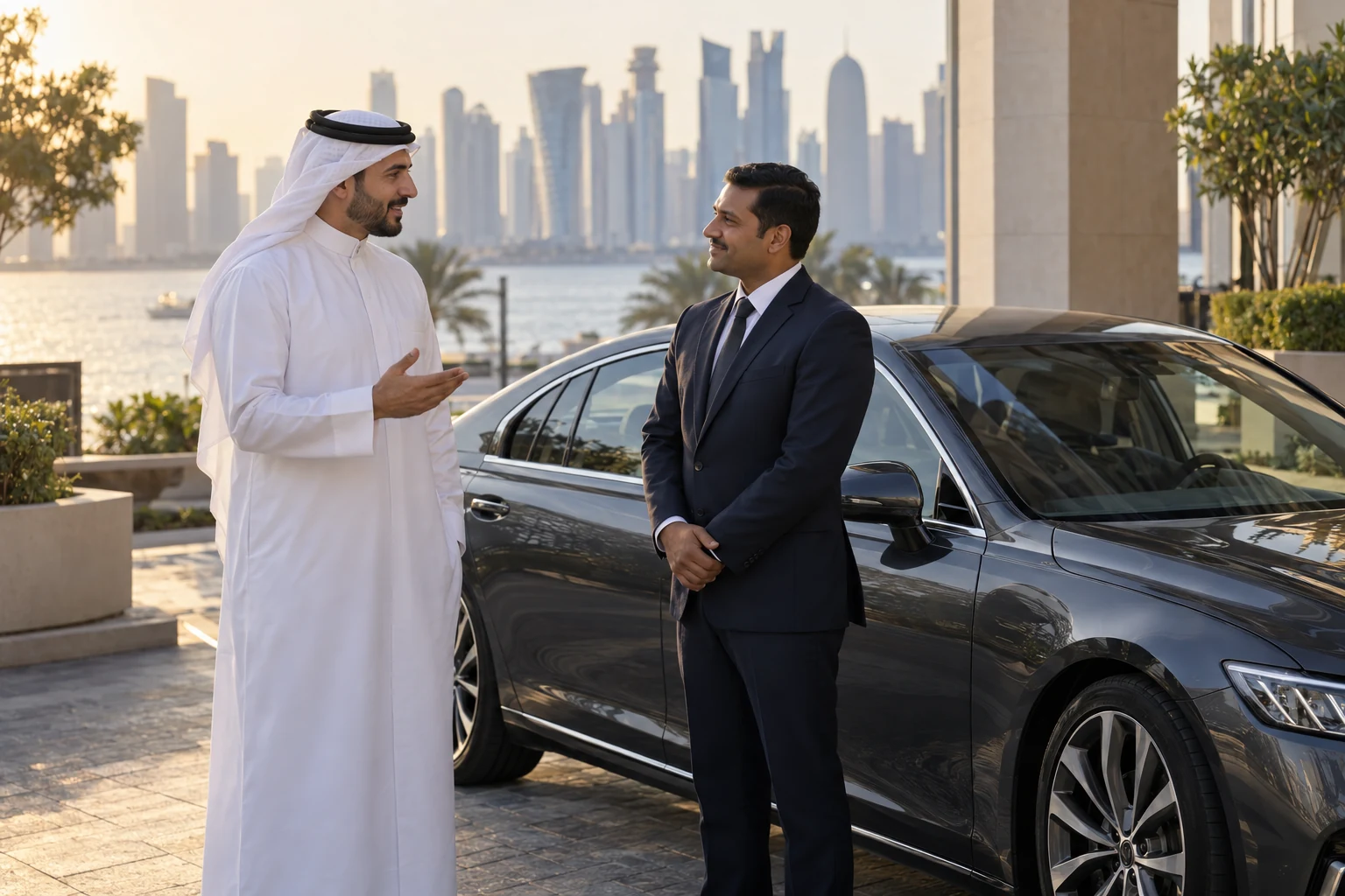 A Gulf fleet owner and a professional chauffeur talking beside an executive sedan