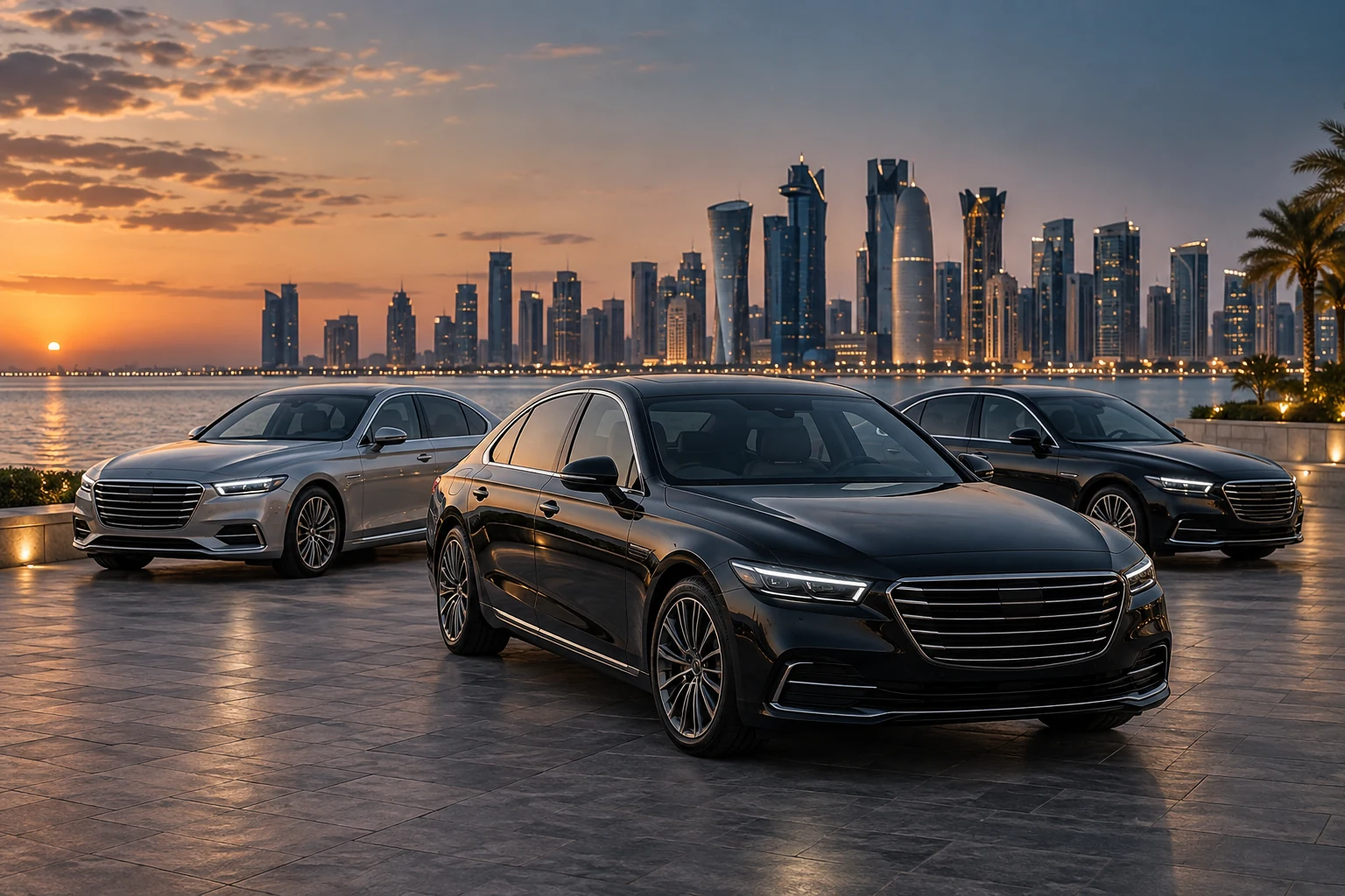 Premium executive sedans beside a contemporary Gulf waterfront at dusk